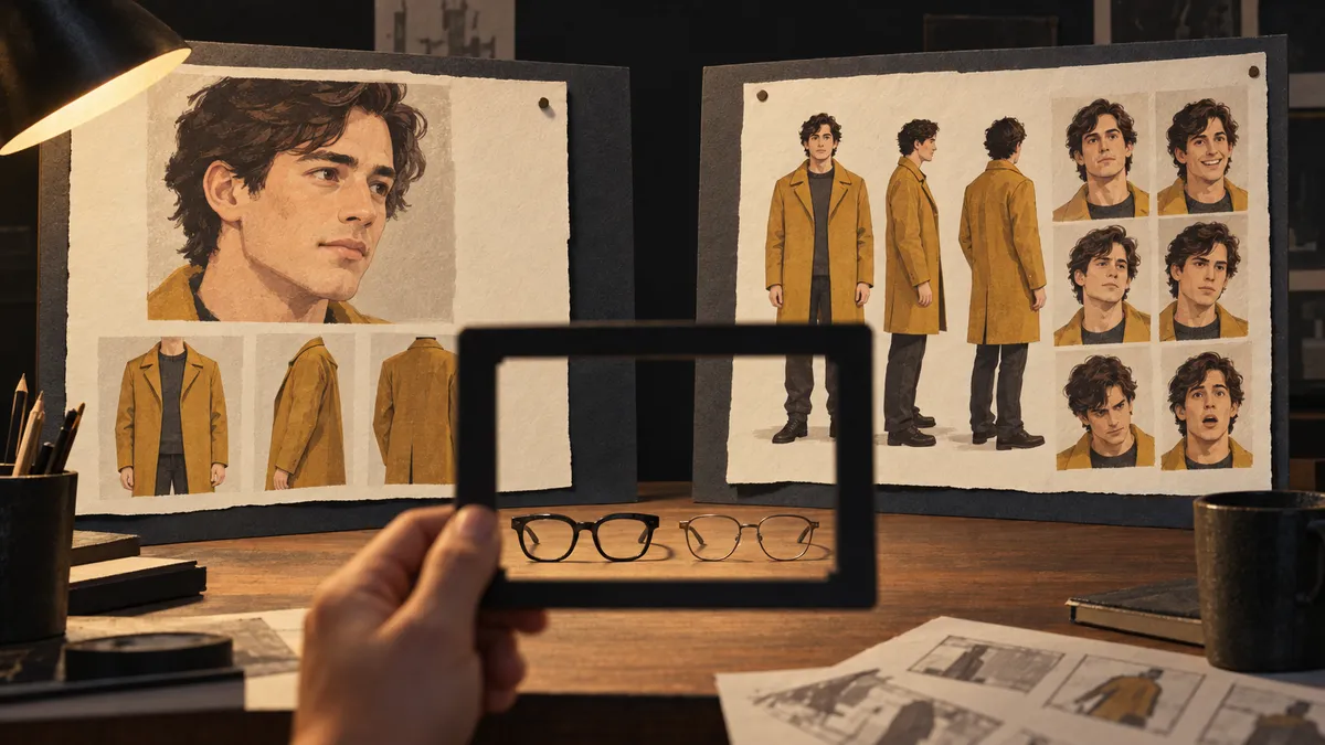Illustration of two character-reference boards and two different pairs of glasses.