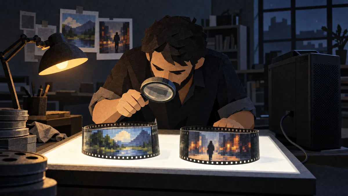 Illustration of an artist inspecting two pixelated film loops beside one workstation.