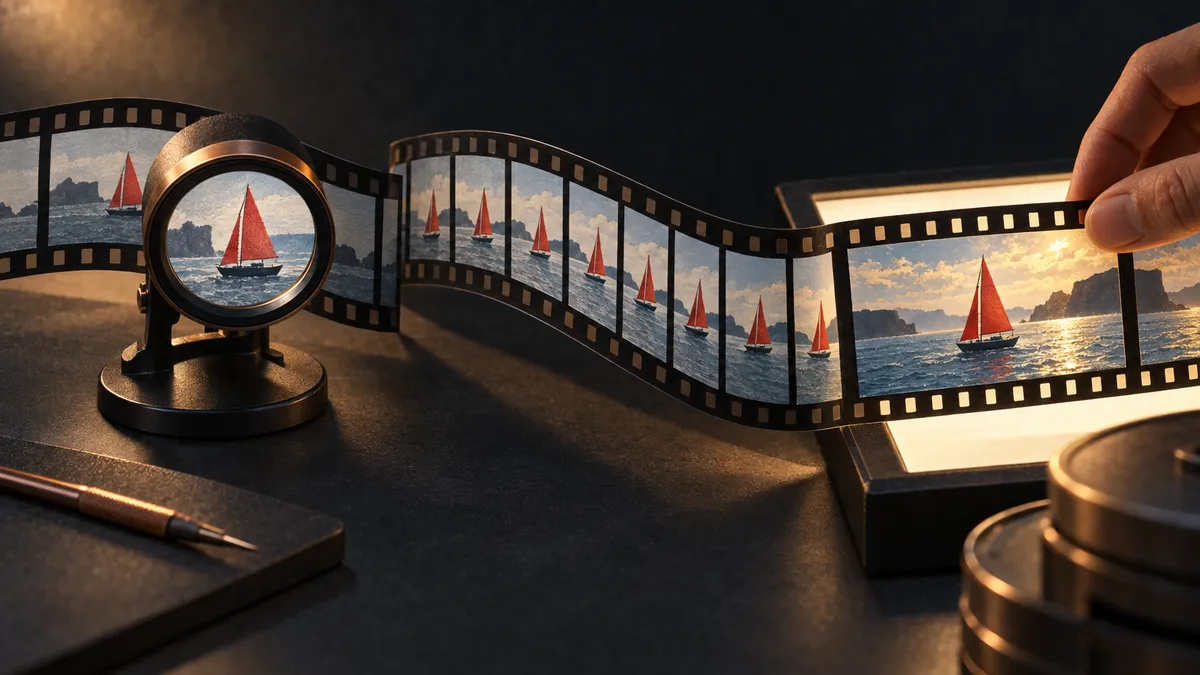Illustration of a film strip passing a magnifier and light table through successive finishing stages.