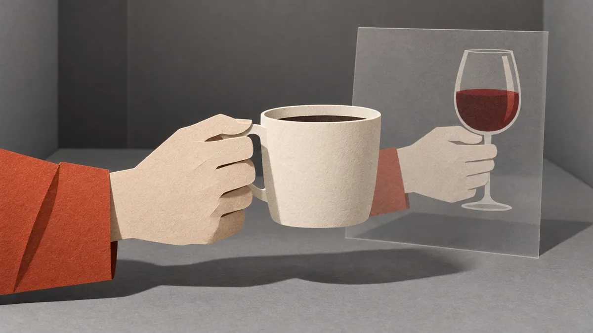 Paper-cut hand holding a coffee cup beside an offset transparent reference of a hand holding a wine glass.