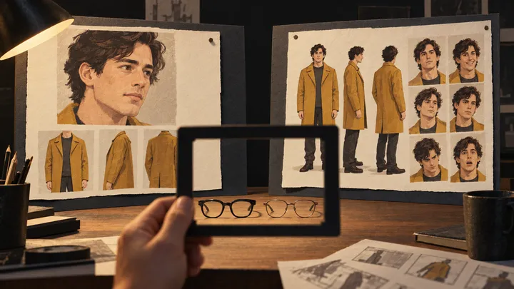 Illustration of two character-reference boards and two different pairs of glasses.