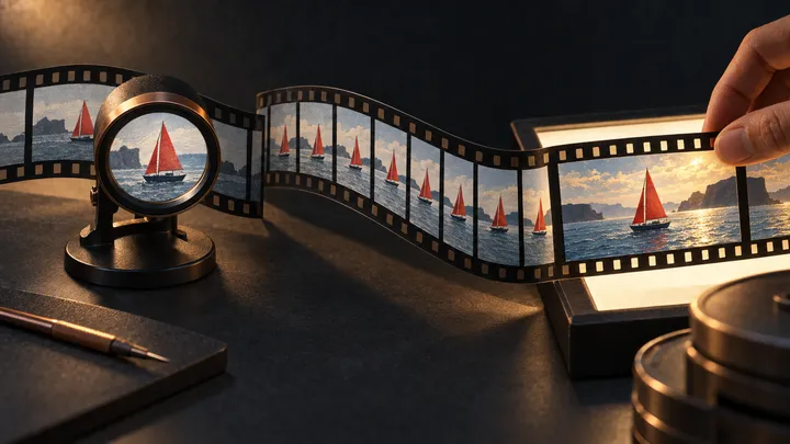 Illustration of a film strip passing a magnifier and light table through successive finishing stages.