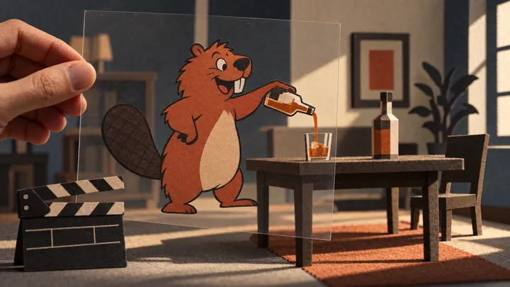 Drawn beaver on a held transparent acetate sheet in front of a paper room, table and bottle, with an unmarked film slate.